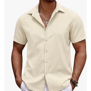 Mens Casual Summer Beach Shirt Button Down Short Sleeve Cotton Linen SIZE LARGE